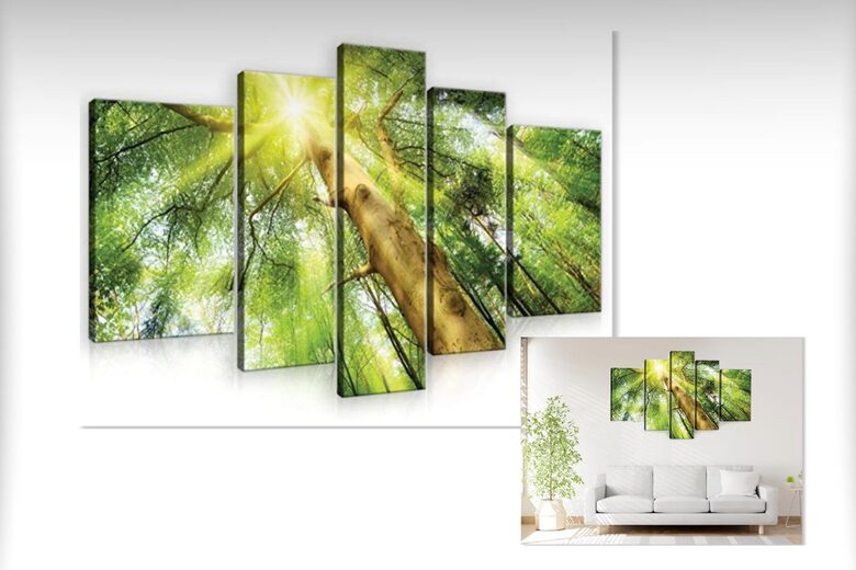 Комплект Холстов: Лес С Солнечными Лучами (5 Частей, Зеленая Листва, Стволы Деревьев, Природный Пейзаж, Спокойствие)